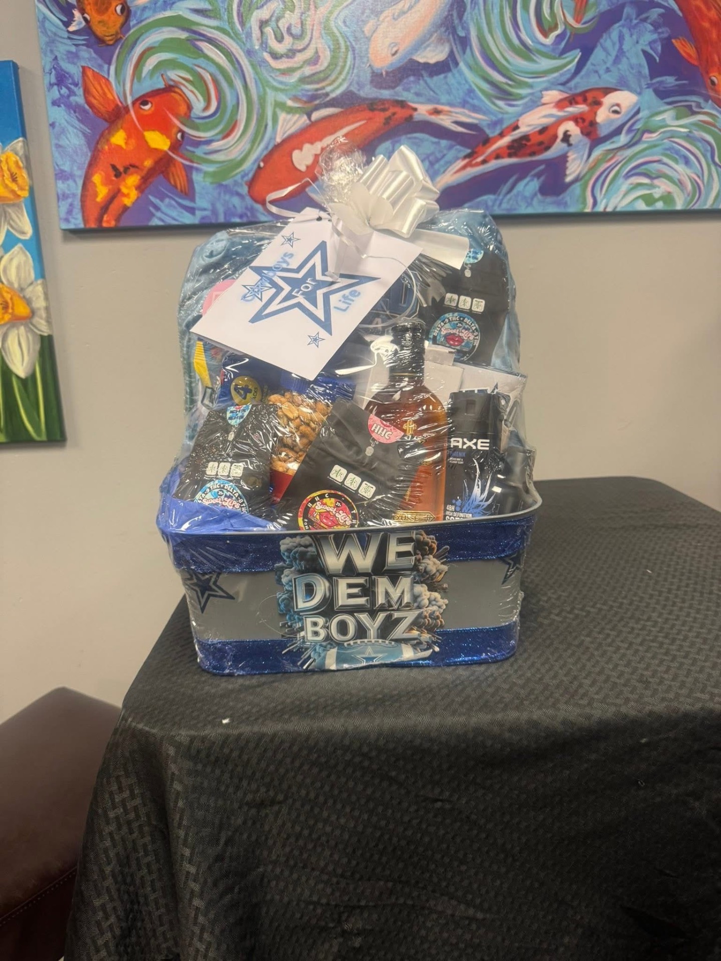 Personalized blue and silver team gift basket created by K&J's Creations
