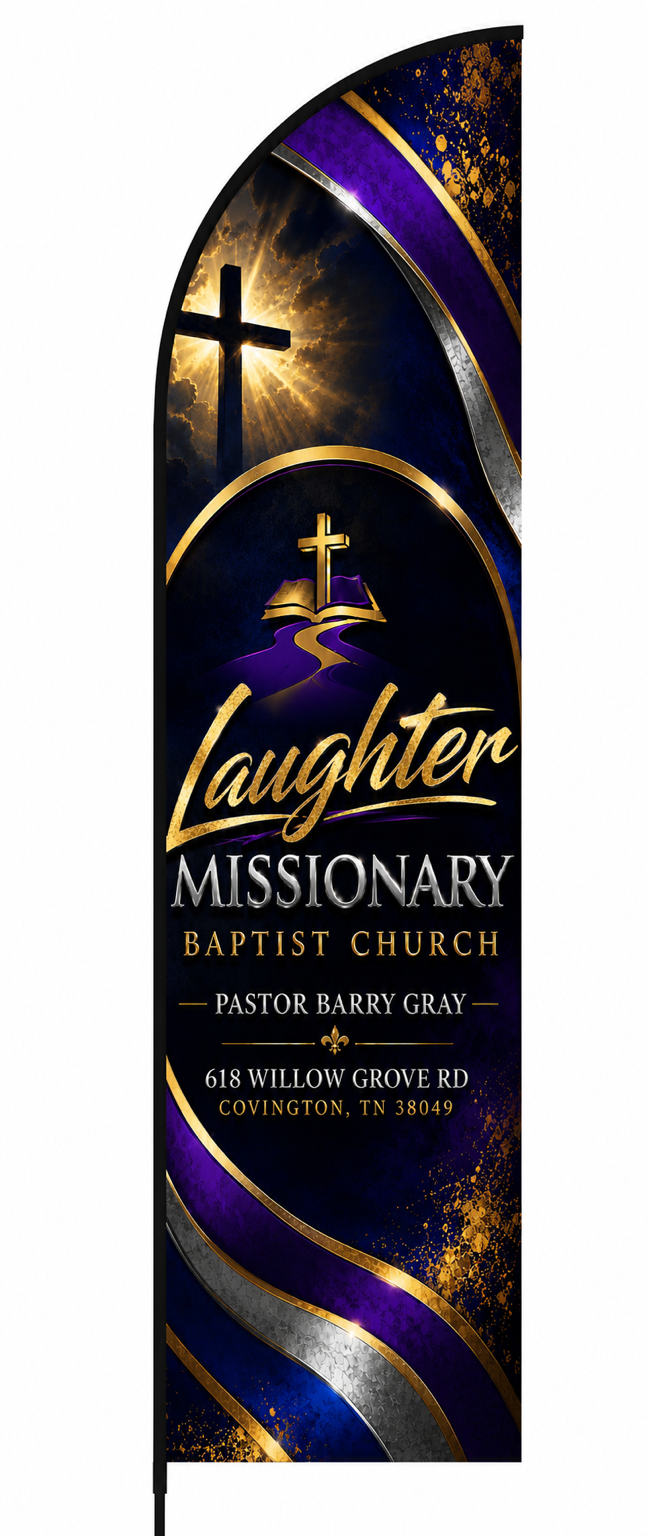 Custom Laughter Missionary Baptist Church purple and gold feather flag by K&J's Creations
