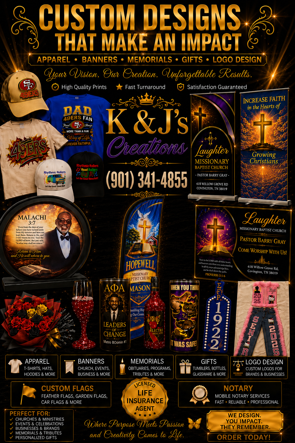 K&J's Creations gold and black promotional flyer showcasing custom apparel, banners and gifts
