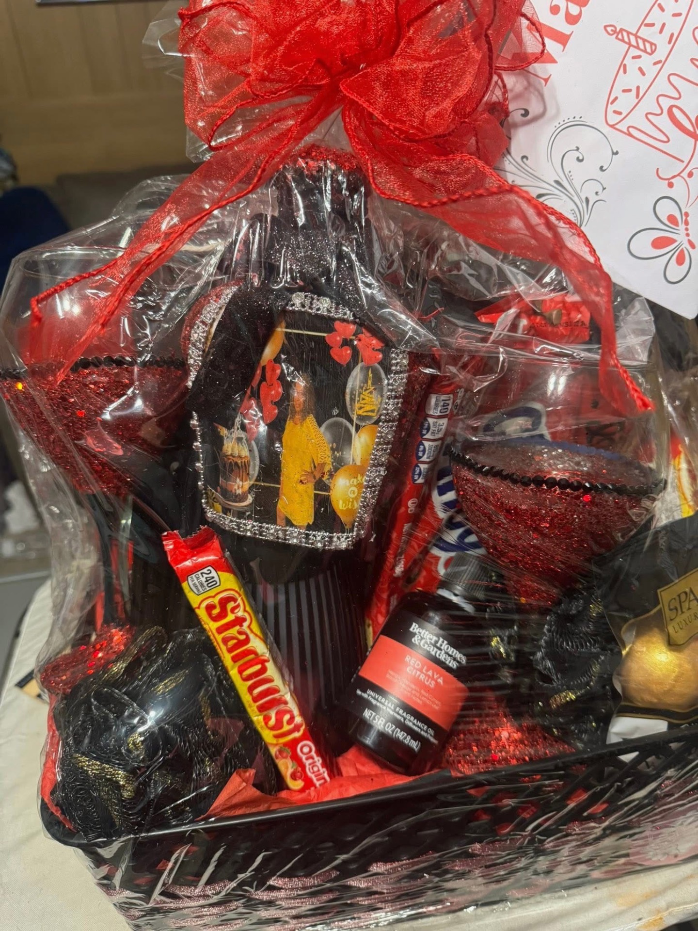 Red and black personalized birthday gift basket with custom photo keepsake by K&J's Creations