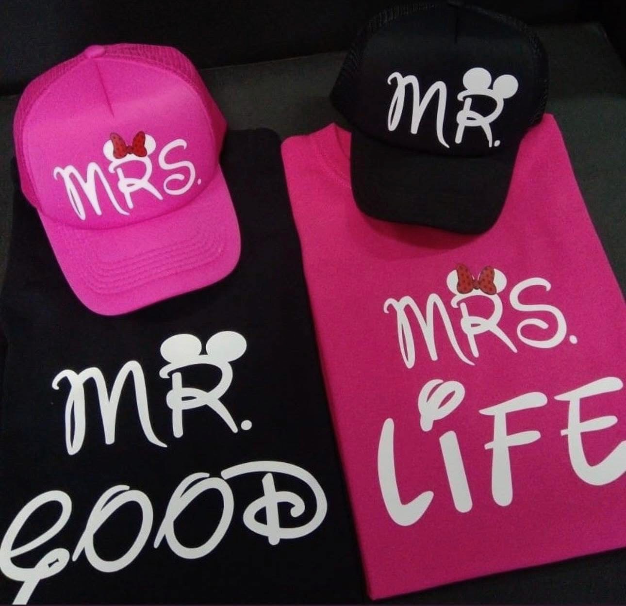 Custom Mr. and Mrs. shirts and hats in pink and black by K&J's Creations